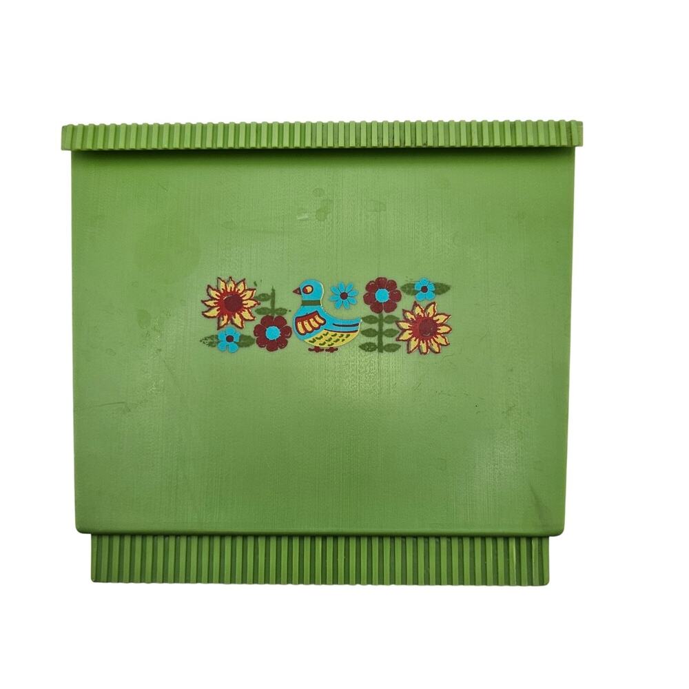 Vintage MCM Avocado Green Plastic Napkin Holder Retro 70s Flower Power Bird